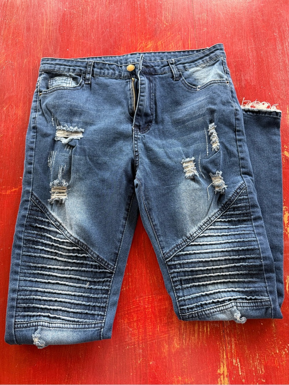 Women’s Distressed Blue Moto Jeans